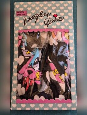 Irregular Choice Black Pink Blue Cartoon Heart Pattern Tights